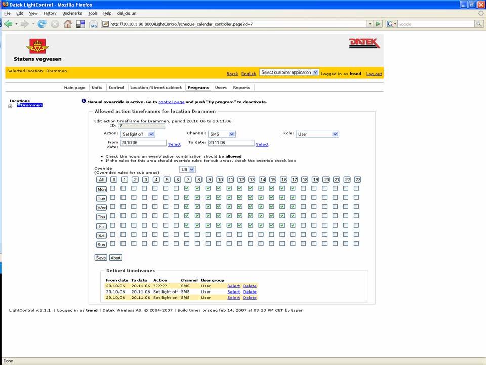 Program for allowed control by SMS Programming valid for all units (top level marked)