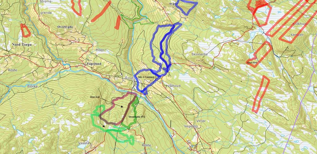 Oversiktskart Nybrennlia med interessenter: Nils A. Frøisland (blå) Knut A.