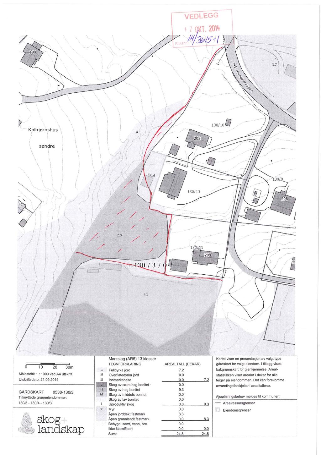 Kolbjørnshus L.:71 - Markslag (AR5) 13 klasser 0 10 20 30m Målestokk 1 : 1000 ved A4 utskrift Utskriftsdato: 21.09.2014 AREALTALL (DEKAR) Fulldyrka jord Overflatedyrka jord 7.