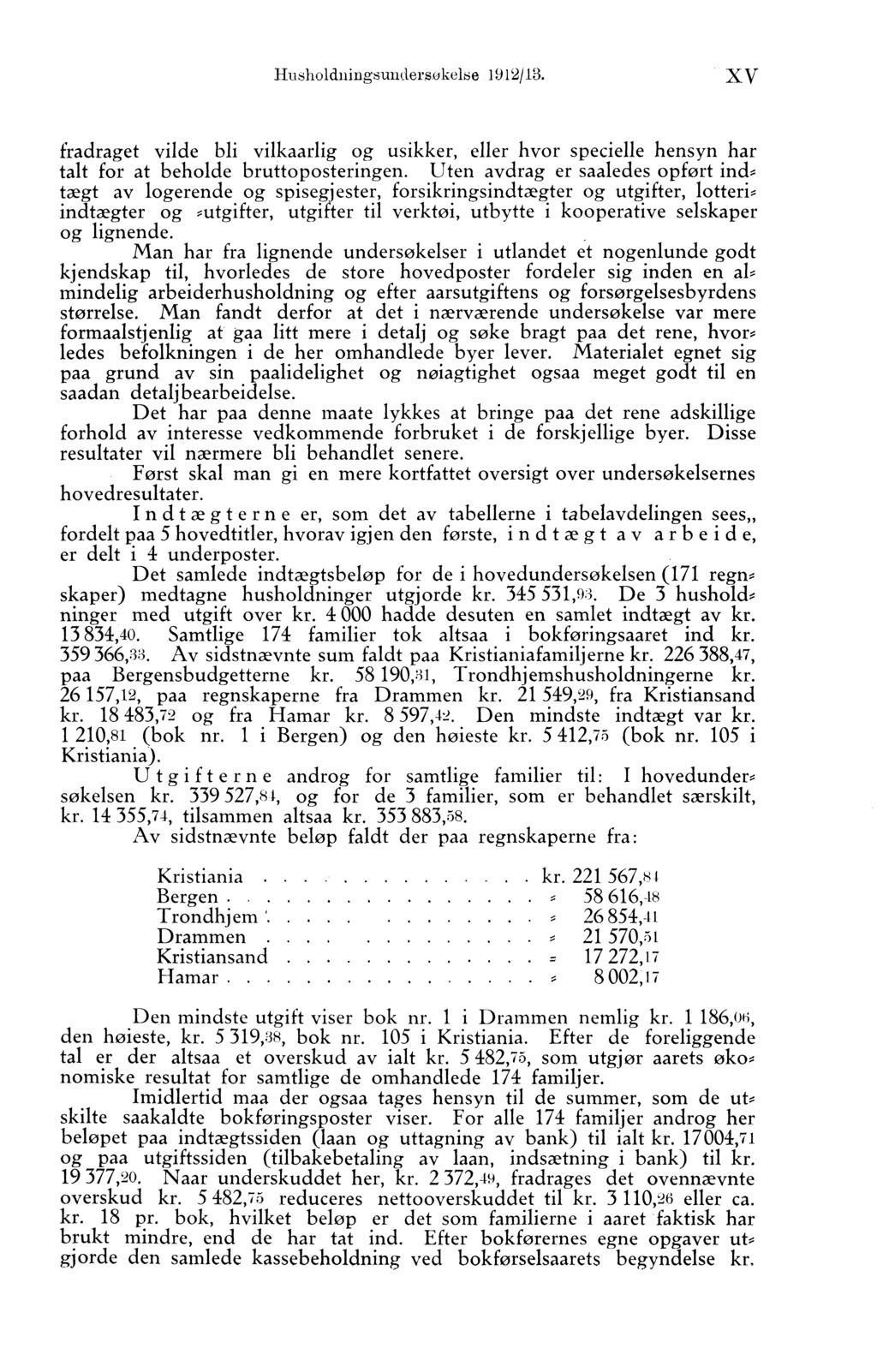 Husholdningsundersukelse 1912/13. XV fradraget vilde bli vilkaarlig og usikker, eller hvor specielle hensyn har talt for at beholde bruttoposteringen.