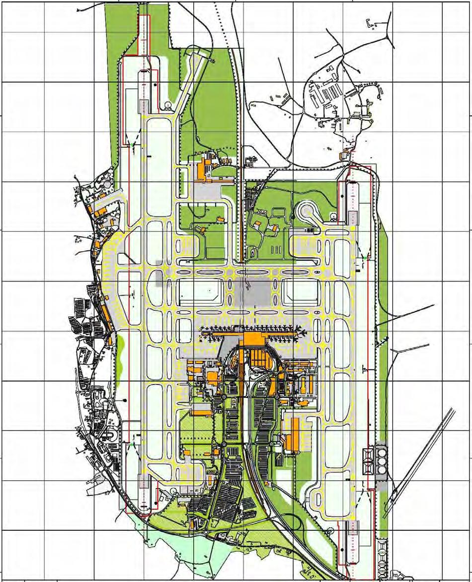 Figur 3.6 Helhetsplanen TERMINALOMRÅDER. Hovedterminalen er lokalisert midt mellom de to rullebanene. Den har et sentralbygg med lengde 210 m og dybde, inkl. en 27 m bred pir, på 116 m.