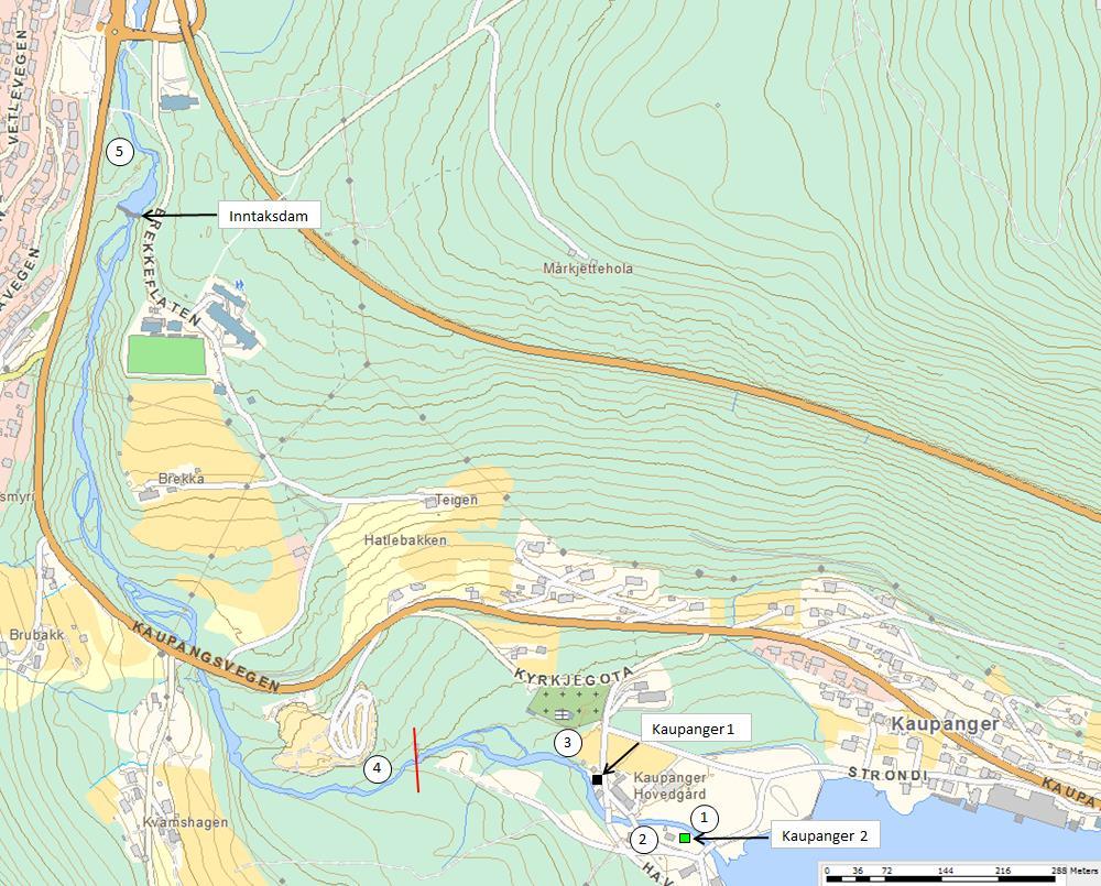 METODER Habitatforhold for fisk Kaupangselvi ble synfart 15. oktober 2013, fra utløpet i fjorden til ca.