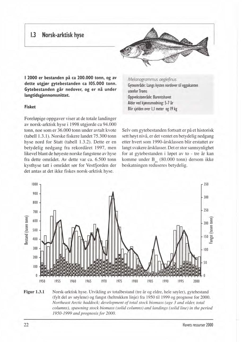 1 2000 er bestanden pi u 200.000 tonn, og av M ~, ~ ~ dette utgjar gytebestanden ca 105.000 tonn. M,,donr wtm Gytebestanden ghr nedover, og er n% under langtidsgjennomsnittet.