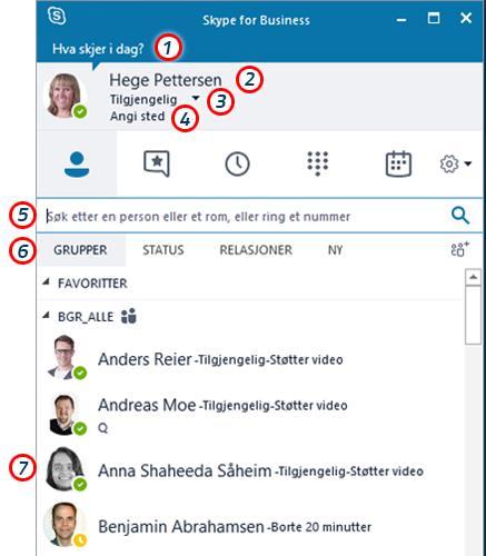 Din tilgjengelighet Viser din tilgjengelighet, etter dine kalenderaktiviteter (kan overstyres). 4. Lokasjon - Fortell dine medarbeidere hvor du befinner deg (valgfritt). 5.