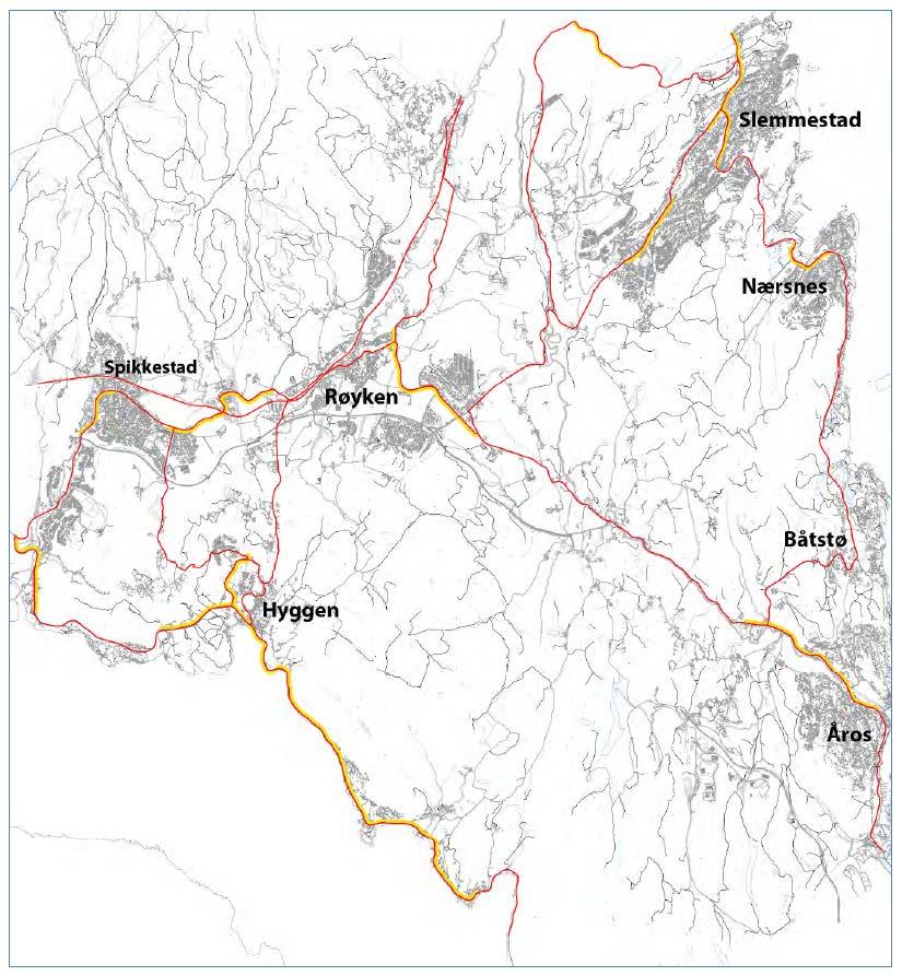 (kommunal vei, 2,2 km) og på sti/turvei (0,5 km) fram til Allegodtveien i Hyggen er med i denne oversikten.