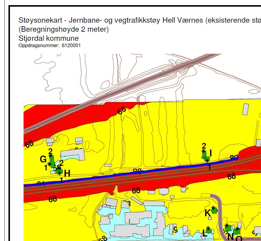 Opprinnelig støyrapport datert 27.08.2012: Her er trønderlåna merket G, farget grønt og skulle vurderes mhp tiltak.