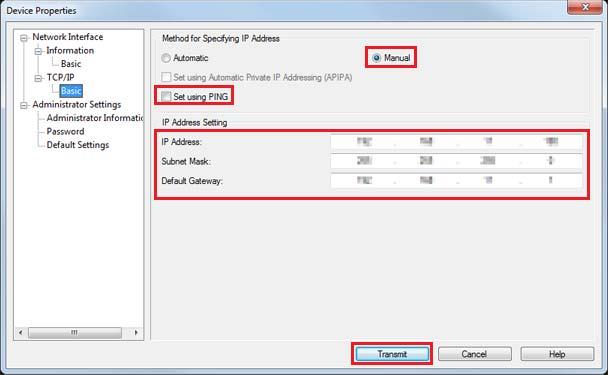 Installasjon E Konfigurer skriverens IP address (IP-adresse). Klikk deretter på Transmit (Overføre). Velg Manual og Set using PING.