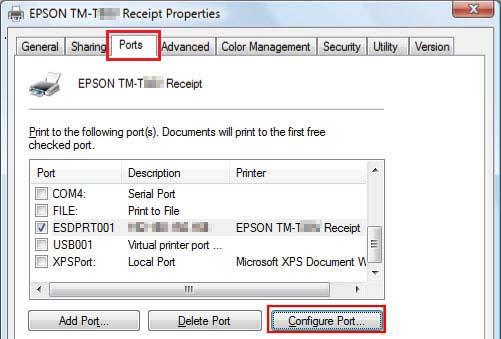 Installasjon B Skjermbildet for skriverens egenskaper vises. Klikk på kategorien Ports (Porter), og klikk deretter på Configure Port... (Konfigurer port...). C Skjermbildet Configure Port (Konfigurer port) vises.