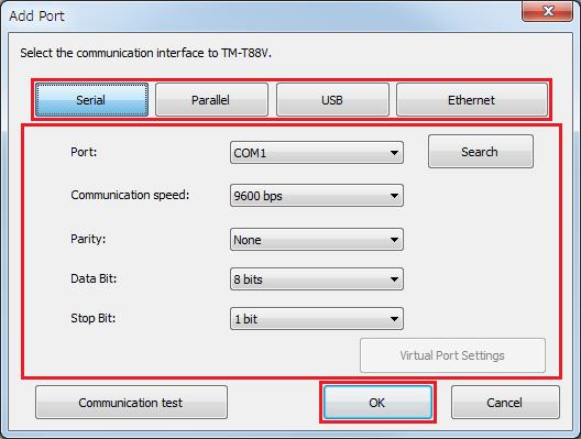 TM-T88V Utility C Skjermbildet Add Port (Legg til port) vises. Konfigurer porten som skal legges til. Klikk deretter på OK-knappen.