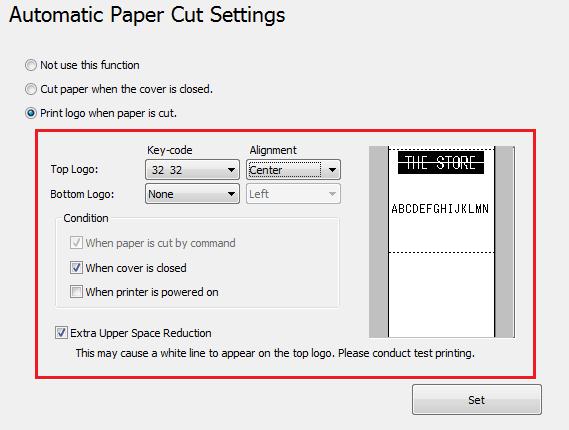 ) Print logo when paper is cut. (Skriv ut logo når papir kuttes.) Deaktiverer funksjonen for automatisk kutting av papir.