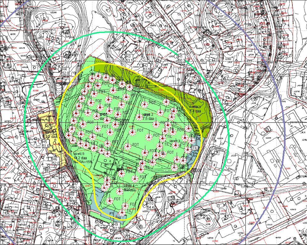 Støy fra Nesttun idrettspark 13 Fig. 3: Støykoter og støy i 10 beregningspunkter beregnet for fremtidig, nytt idrettsanlegg ved Nesttun. Maksimal aktivitet på alle dagens baner iht. tabell 3.