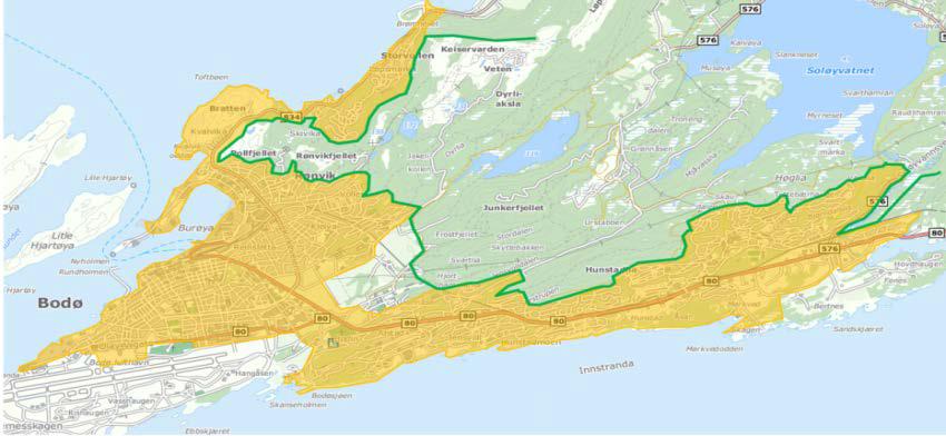 Planområdet Kartene vise byutviklingsområdet. Kart av Tverlandet innfelt. Ny grønnstrukturplan omfatter hele byutviklingsområdet. Det er utarbeidet Grønn plakat for byutviklingsområdet.