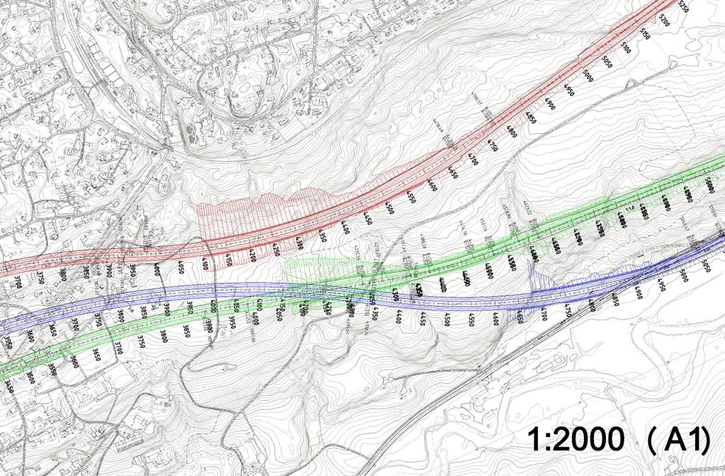 Under boligområdet på strekningen pr. 3 pr. 39 forventes rikelig fjelloverdekning (4 5m). De få boringene som er utført i dette området viser en beskjeden løsmassemektighet på,5,2m.