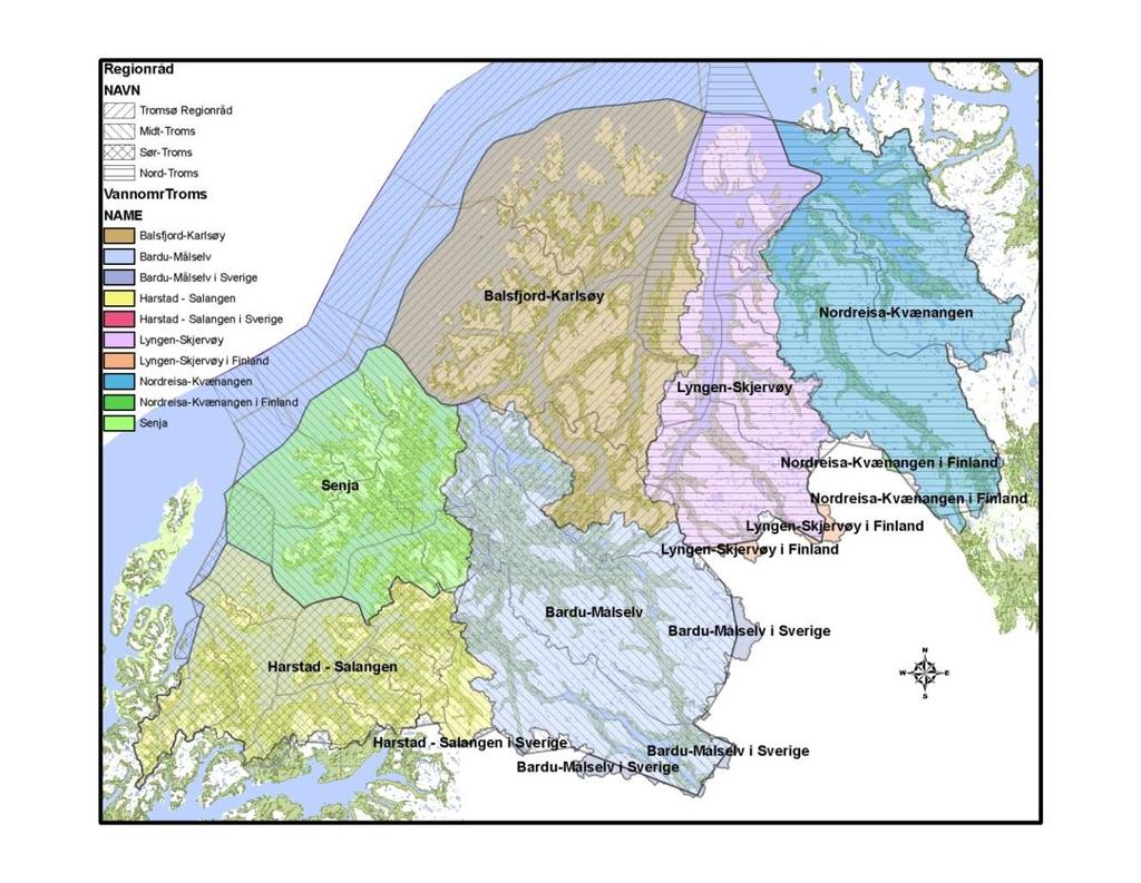 Vannregion Troms strekker seg i all hovedsak fra fylkesgrensa i sør mot (Nordland) til fylkesgrensa i nord mot (Finnmark) og fra landegrensa mot Sverige og Finland i øst og til 1 nautisk mil utenfor