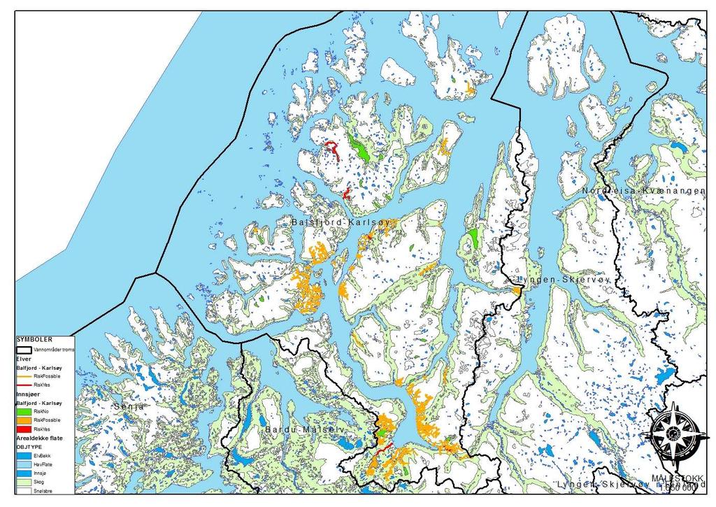 4.4 Vannområde Balsfjord-Karlsøy Figur 8. Viser vannstatus i vannområde Balsfjord - Karlsøy. Rødt = sterkt modifisert vannforekomst (SMVF, se pkt. 3.2) eller status påvirket.