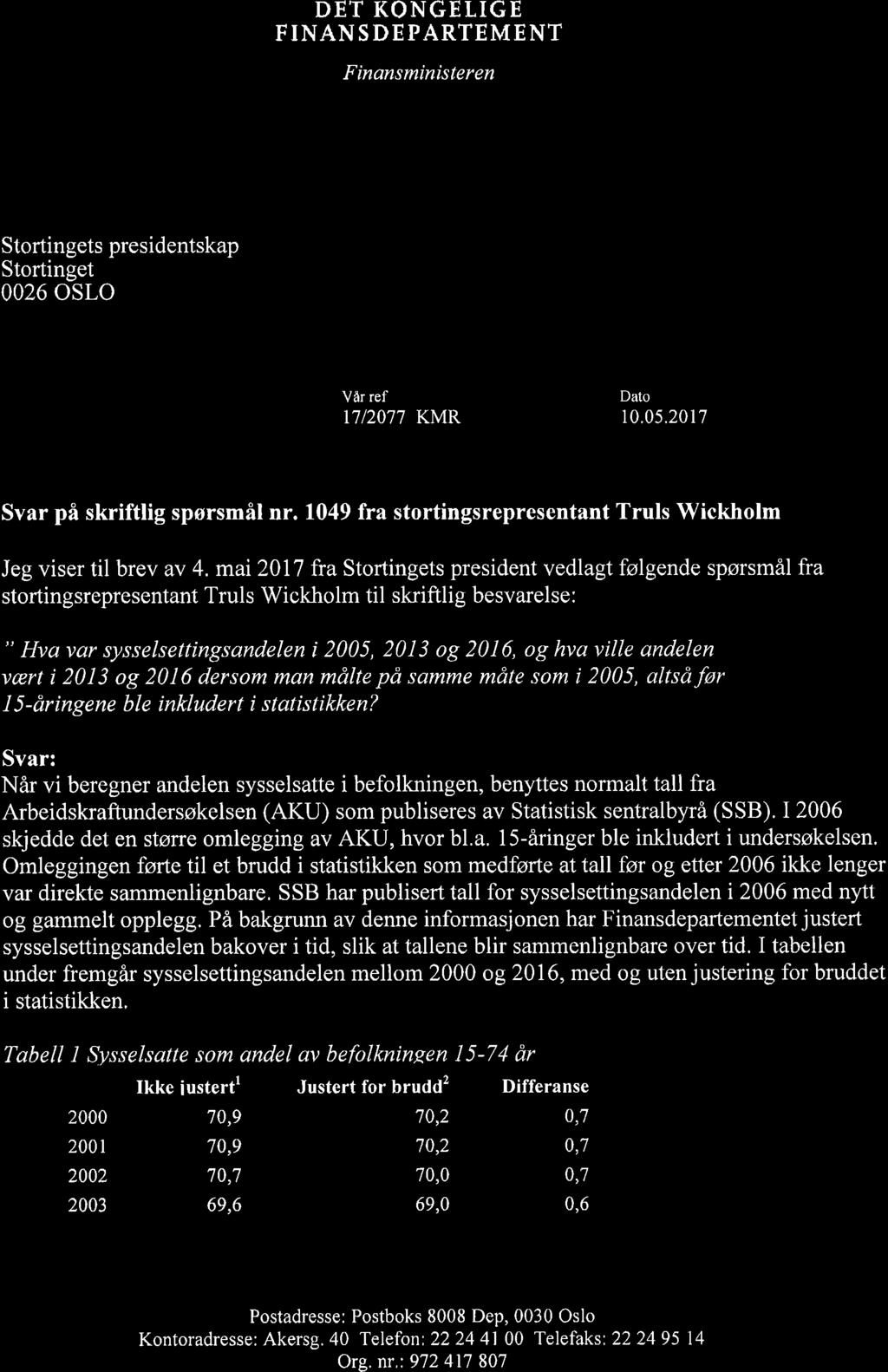 156 Dokument nr. 15:7 2016 2017 av denne informasjonen har Finansdepartementet justert sysselsettingsandelen bakover i tid, slik at tallene blir sammenlignbare over tid.