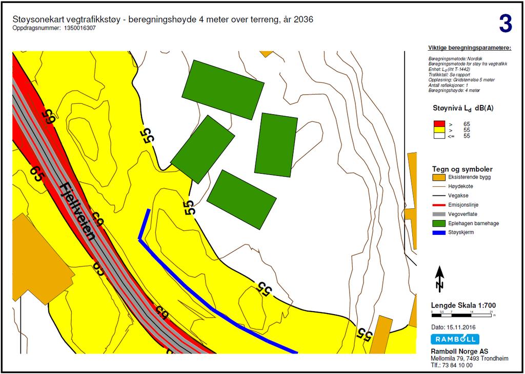 STØYRAPPORT 11 (13) Figur 5 Støysonekart for vegtrafikkstøy (iht. T-1442), beregningshøyde 1,5 meter over terreng. Fremtidig prognosesituasjon for år 2036.