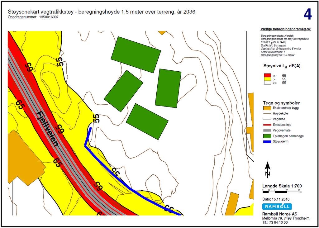 STØYRAPPORT 12 (13) Figur 7 Støysonekart for vegtrafikkstøy (iht. T-1442), beregningshøyde 1,5 meter over terreng. Fremtidig prognosesituasjon for år 2036 med en 1,8 meter høy støyskjerm.