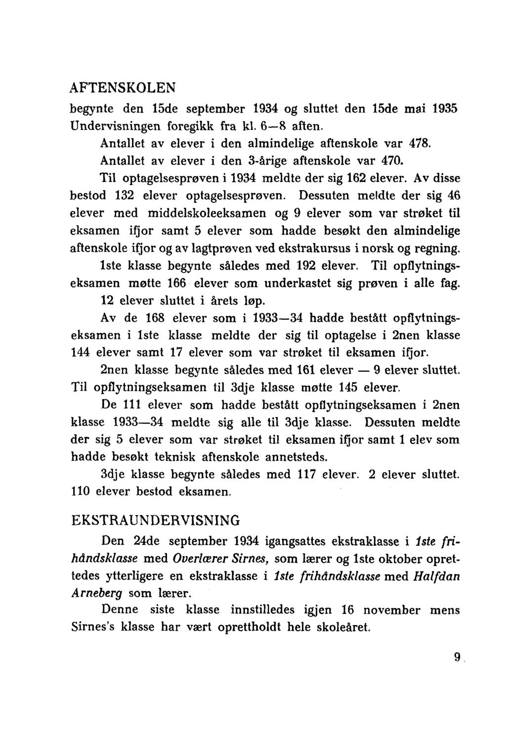 AFTENSKOLEN begynte den 15de september 1934 og sluttet den 15de mai 1935 Undervisningen foregikk fra kl. 6-8 aften. Antallet av elever i den almindelige aftenskole var 478.