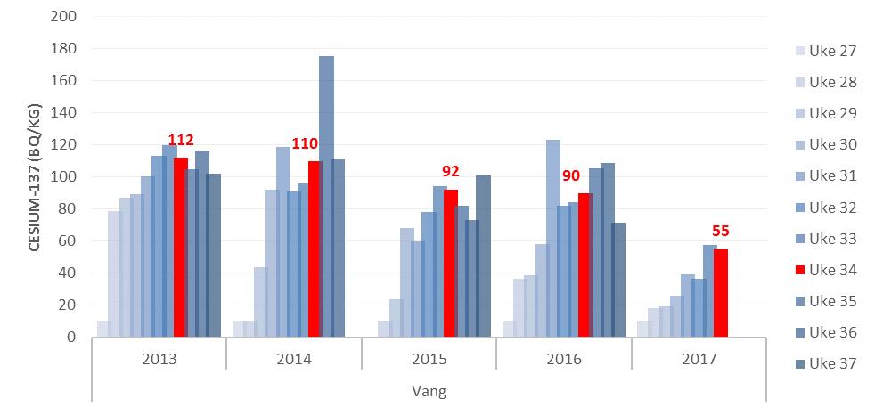 3.1.2 Vang Kumelk Konsentrasjon av cesium 137 i melk fra ubehandlede kyr i besetning 0545 3022 fra Vang i Oppland har økt fra beiteslipp i juli til 55 Bq/l ved måling 21. august.