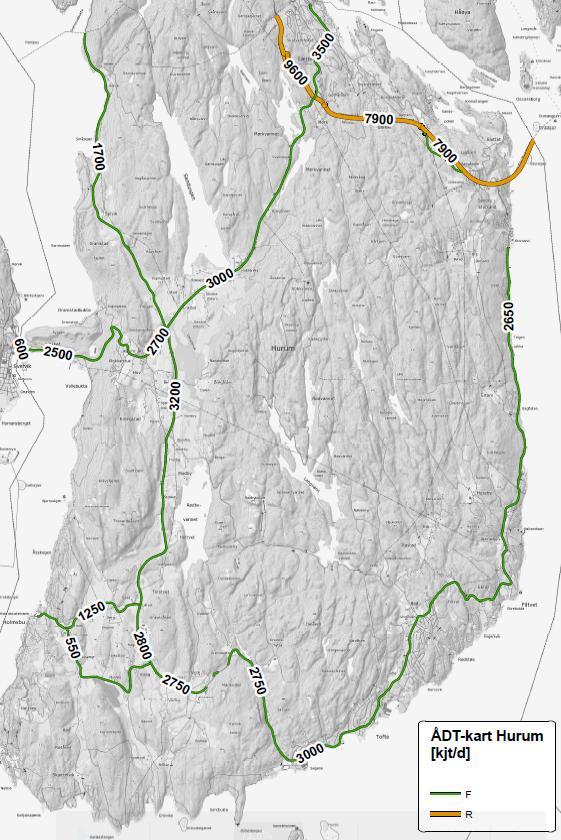 5.8 Trafikkmengder Rv 23 har ÅDT på mer enn 9 000 i vest og mindre enn 8 000 i øst, mens fylkesvegene har trafikkmengder mellom 2 500 og 3 500.