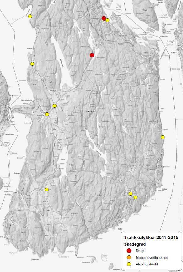 7 av 11 Figur 6 Ulykkeskart med drepte og hardt skadde 2011 2015 Ulykkene med