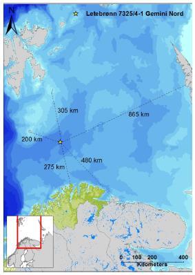 Figur 1-1 Lokasjon til letebrønn 7325/4-1 Gemini Nord. Korteste avstand til land er ca 200 km til Bjørnøya, og 275 km til fastlandet (Magerøya i Nordkapp kommune).