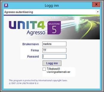 Innlogging i Agresso Logg på via UH programkiosk (https://ubw.uhad.no/rdweb/pages/nb-no/login.aspx), tast inn brukernavn og passord (samme som pålogging PC) og «Logg inn».