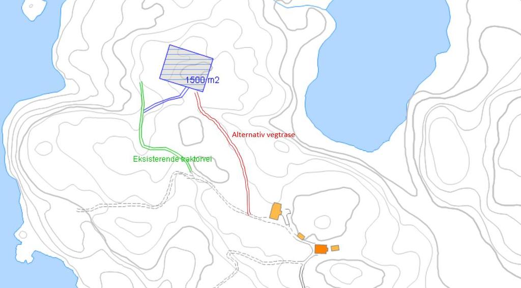 1,8 dekar. Den planlagte tilkomstveien skal være ca. 3 m brei og er en fortsettelse av en allerede eksisterende traktorvei. Figur 1.