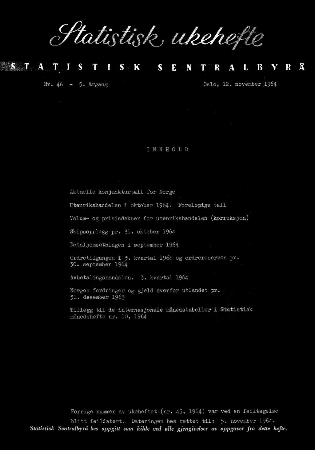 oktober 1964 DetaldomsetnLngen i september 1 964 Ordretilgangen i 3. kvartal 1964 og ordrereserven pr. 3. september 1 9 64 Avbetalingshandelen. 3. kvartal 1964 Norges fordringer og gjeld overfor utlandet pr, 31.