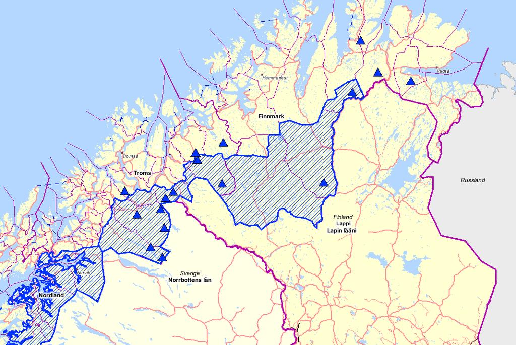 Jerveynglinger fra 2007-2010 i Finnmark, Troms og totalt for region 8. Bestandsmålet er henholdsvis 3, 7 og 10 ynglinger.