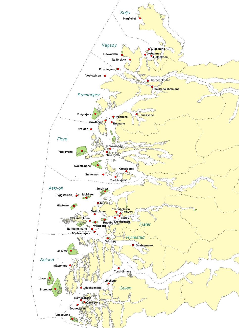 Status for sjøfuglreservata Dei undersøkte reservata blir i det følgjande gitt ei kort omtale, inkludert påvist hekkande sjøfuglartar.