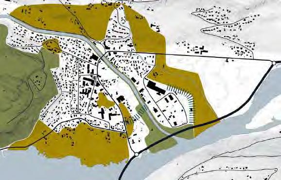 Figur 1: Natur- og kulturlandskapet i Vågåmo, vist i stadutviklingsanalysen frå 2013, utarbeidd av Rambøll. Det er lagt vekt på at området ligg sentrumsnært med tilgang til offentleg vatn- og avløp.