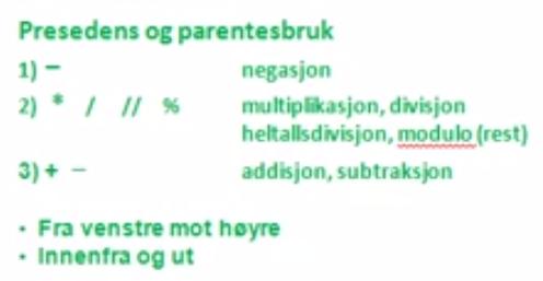 Presedens Hvilken rekkefølge utføres operatorer i? Hva regnes ut først?