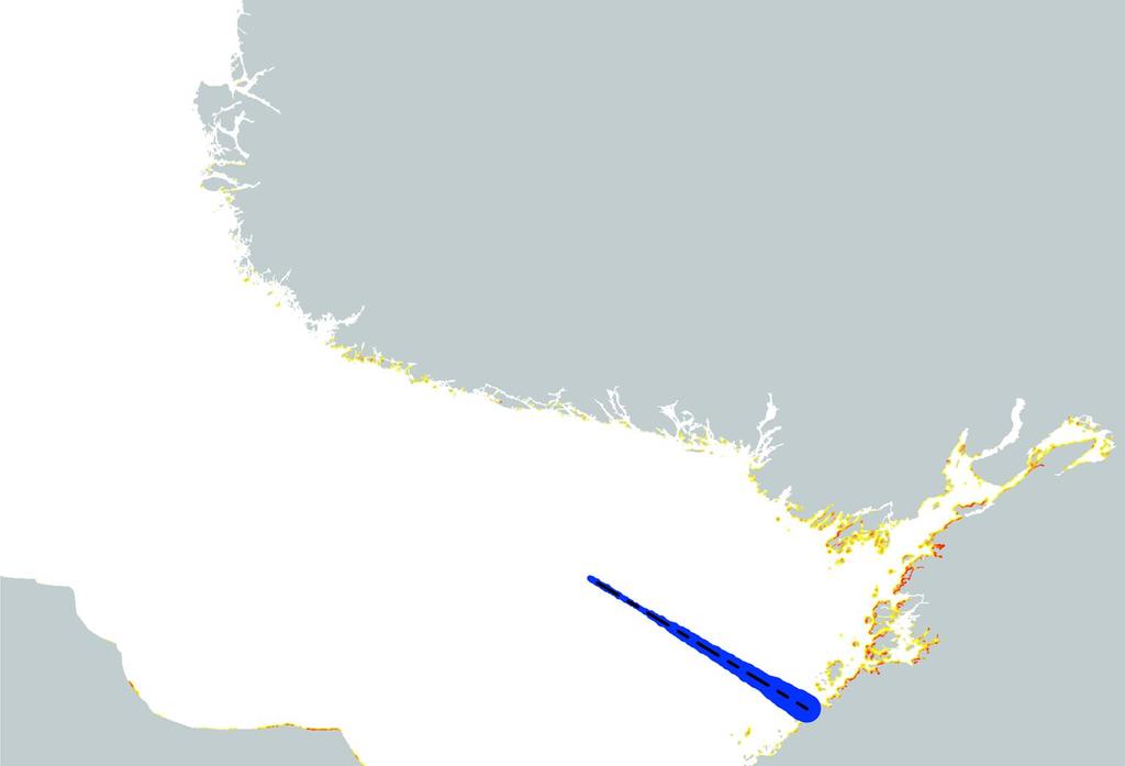 3) Telle opp hvilke partikler som kommer så nærme land at de potensielt kan strande (røde/gule områder definerer hot spots for