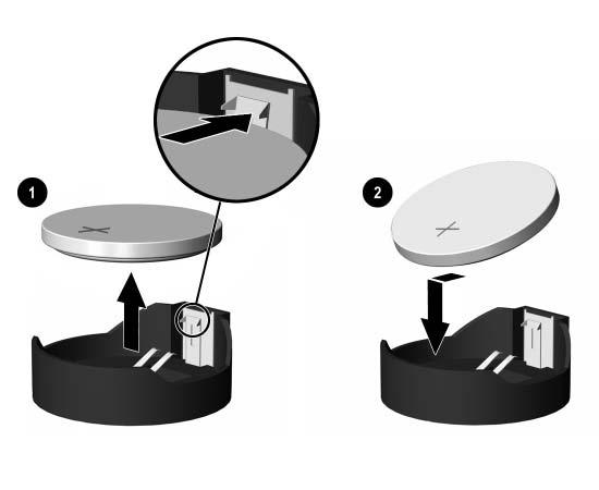 Skifte batteri Type 2 a. For å løsne batteriet fra holderen klemmer du sammen metallbøylen som går ut over kanten på batteriet. Når batteriet løsner, løfter du det ut 1. b. For å sette inn det nye batteriet skyver du kanten på det nye batteriet under holderen med den positive siden opp.