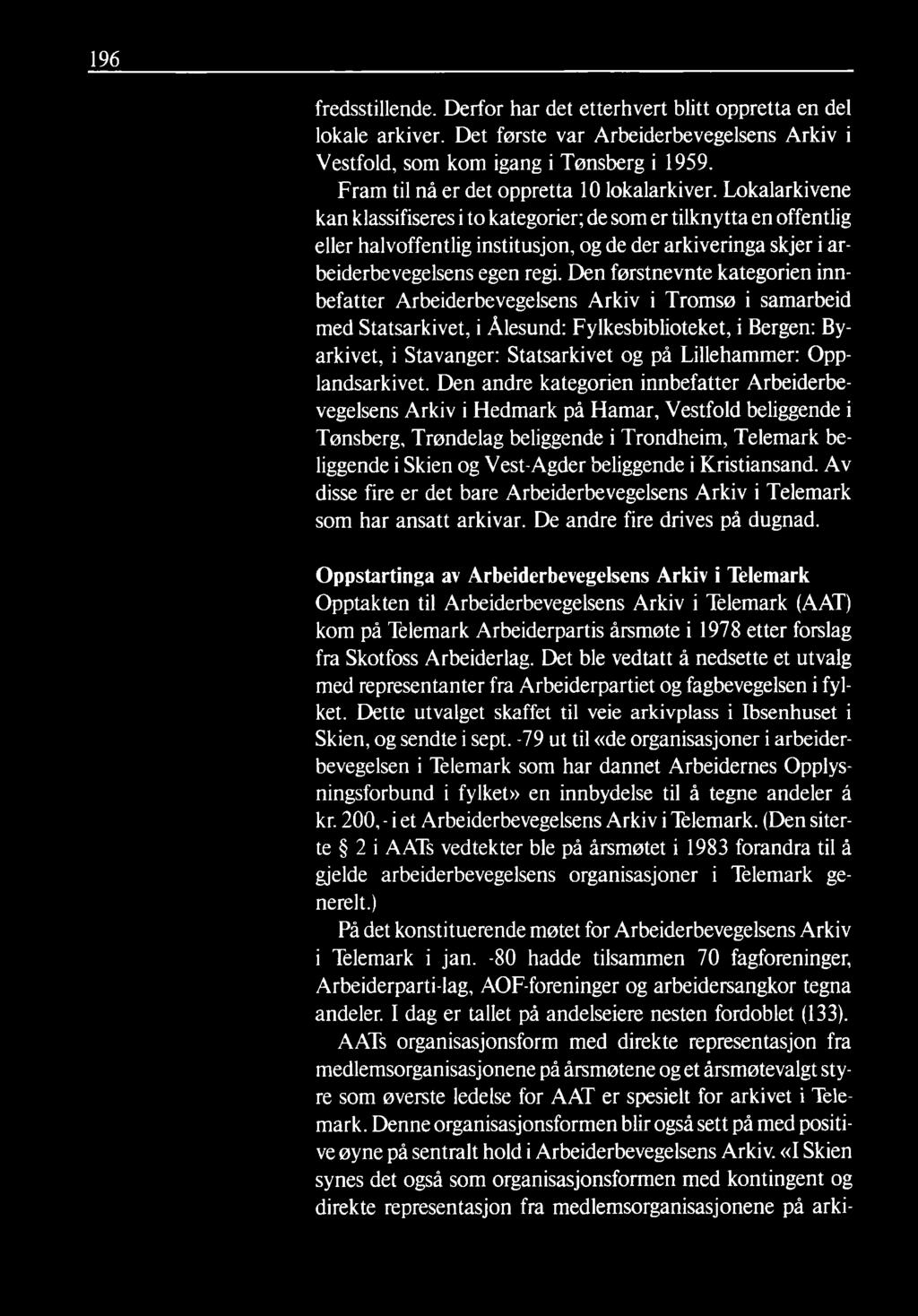 196 fredsstillende. Derfor har det etterhvert blitt oppretta en del lokale arkiver. Det første var Arbeiderbevegelsens Arkiv i Vestfold, som kom igang i Tønsberg i 1959.