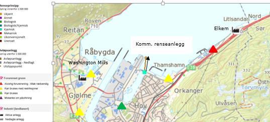 Figur 7: Oversikt over potensielle forurensningskilder til Indre Orkdalsfjorden (Miljøstatus). Fargede trekantene vises lokaliteter med forurenset grunn.
