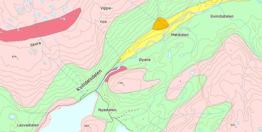 fjellområdene består av fyllitt og glimmerskifer i (grønt). Figur 6.