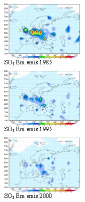 SO2-utslipp i Europa EMEP utslippsinventorium årene 1985, 1995,