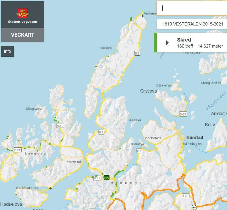 Figur 1. Skredpunkt. Ingen skredpunkt mellom Forfjorden og Risøyhamn. Fra Statens vegvesen [5]. Figur 2: Skred-registreringer. Ingen skred mellom Forfjorden og Risøyhamn.