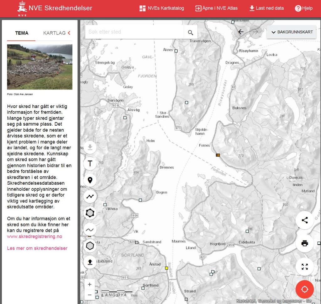 Figur 3: Skred-registreringer fra NVE. 1 jordskred mellom Forfjorden og Risøyhamn. Et løsmasseskred, uspesifisert (+/1 5 km) er registrert like i nærheten med samme skreddato.