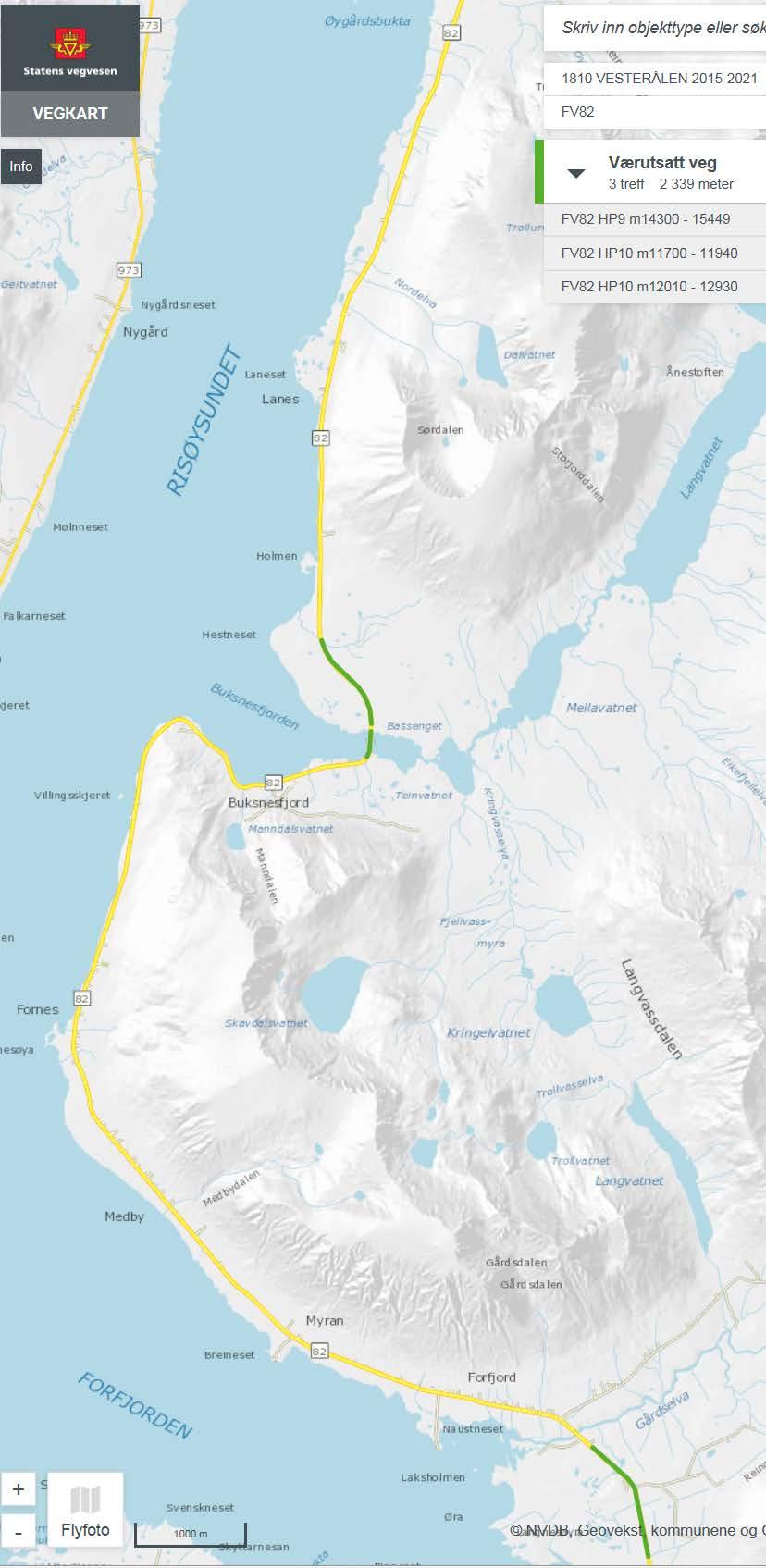 FIGURER Figur 13: Værutsatt veg langs dagens Fv.82-09-10 Forfjorden Risøyhamn. Fra Vegkart NVDB [5]. 50904-GEOL-01 Fv.