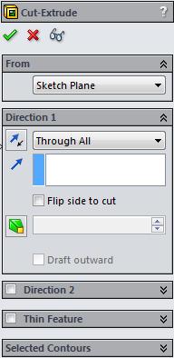 Leksjon 2: Grunnleggende funksjonalitet Ekstrudere skissen 1 Klikk på Features (Funksjoner) > Extruded Cut. Extrude PropertyManager vises. 2 Velg Through All (Gjennom alle) for sluttilstanden.