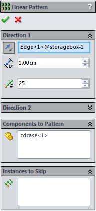 Leksjon 4: Grunnleggende om sammenstillinger 4 Angi 1cm for Spacing (Mellomrom). Angi 25 for Instances (Forekomster). 5 Velg den komponenten som skal utgjøre mønsteret.