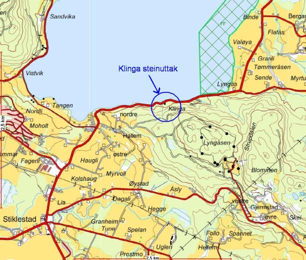 Oversiktskart over området Det har siden 1999 vært drevet steinuttak i Klinga. NVE Region Midt-Norge søkte da om dispensasjon fra kommuneplanens arealdel for å drive uttaket.