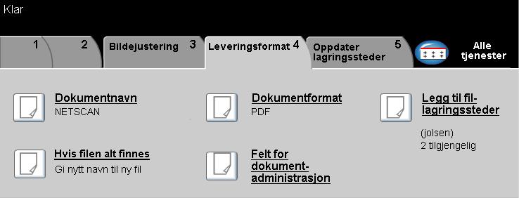 Leveringsformat Skanning via nettverk Bruk de tilgjengelige funksjonene for midlertidig å endre formatet på den skannede bildefilen på målserveren.