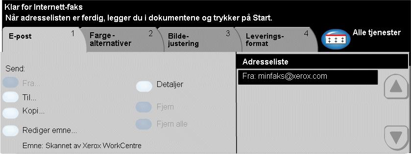 Sende e-post E-post Funksjonen E-post er standard på WorkCentre Pro. Den er ikke tilgjengelig på CopyCentre. I dette kapitlet får du informasjon om de tilgjengelige alternativene for E-post.