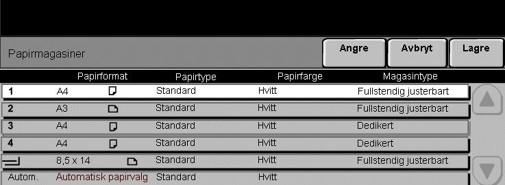 Kopiere Papirmagasiner Bruk dette alternativet for å velge Automatisk papirvalg eller et papirmagasin. Transparenter kan mates fra magasin 1 eller spesialmagasinet.