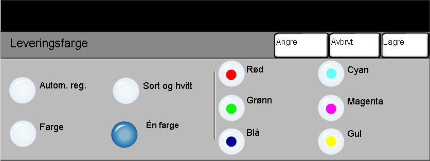 Leveringsfarge Når du velger Mer i kategorien Fargealternativer, vises Leveringsfarge. Bruk alternativene under Leveringsfarge til å velge fargeinnstillinger for kopiene dine.